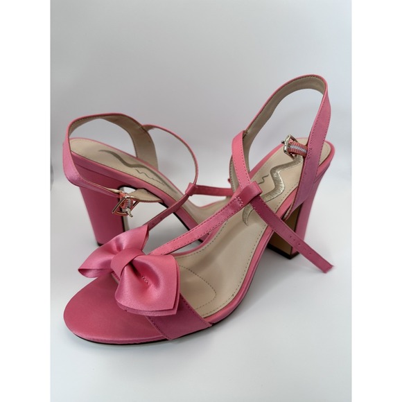 Nina Women's Pink Satin Bow Heels Slingback Open Toe Block Heel - Picture 3 of 8
